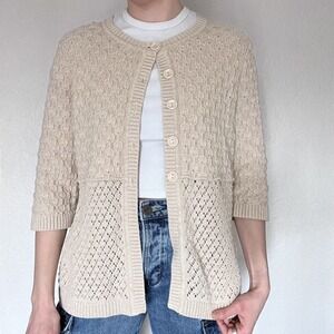Vintage Textured Knit Cardigan Womens 1X Cottagecore Cotton Librarian Coastal
